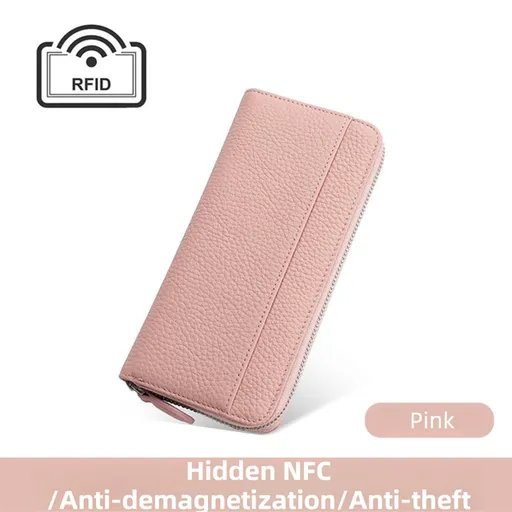 Pink Genuine Leather Women's Long Wallet with RFID Blocking & Hidden NFC - Large Capacity Phone Purse with 180° Zipper Closure, 18 Card Slots, Coin/Cash Pockets and for Daily Travel Use