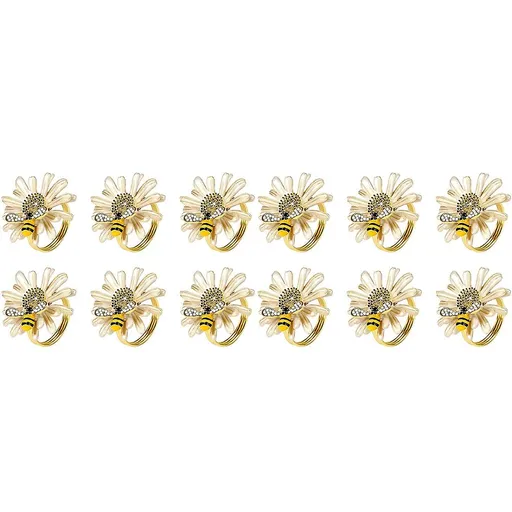 Set of 12 Daisies and Sunflowers Napkin Rings, Gold Napkin Ring Holders with Bees for Formal or Casual Dining