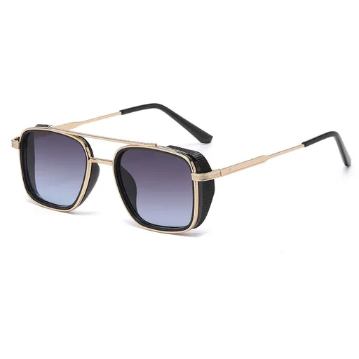 Men's Gold Metal Frame Grey To Blue Lens Sunglasses - Square Retro Style UV400 Protection Fashion Eyewear for Driving Travel and Daily Wear