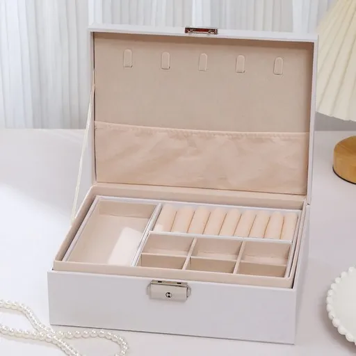 2-Tier Jewelry Box - With Removable Drawer & Lock - Large Storage Capacity for All Jewelry - White