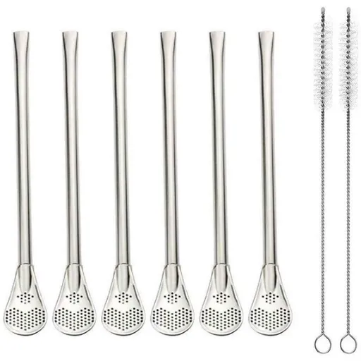 Reusable Stainless Steel Drinking Straws with Filter Spoon 6 Pieces Tea Straws with 2 Pieces Cleaning Brushes Set,14cm Long