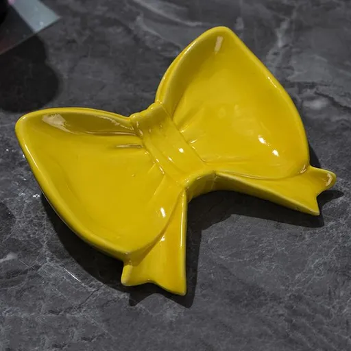 Bow Soap Dish - Ceramic Soap Organizer with Pink Bow - Bathroom Decor, Sponge Holder for Sink, Jewelry Storage Box, Bathroom Countertop Accessories (Yellow)
