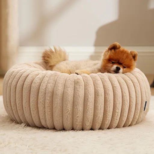 Calming Donut Pet Bed - Faux Rabbit Fur Soft Warm Round Cat Dog Bed - Plush Cozy Cuddler for Small Dogs Cats - Beige M 70cm