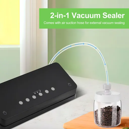 2-in-1 Auto Food Vacuum Sealer Machine for All Food Storage and External Vacuum Seal 60kPa Suction Power Food Bag Sealer Built-in Cutter with 10 Vacuum Seal Bags and Air Suction Hose