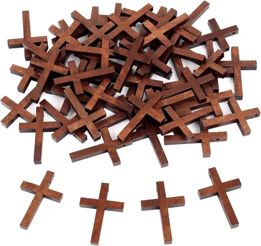 50 Pack Small Wooden Cross Pendants, Unfinished Wood Charms for Easter Crafts, Baptism Favours, Rosary Jewellery and DIY Decor, 3 x 4.1 cm