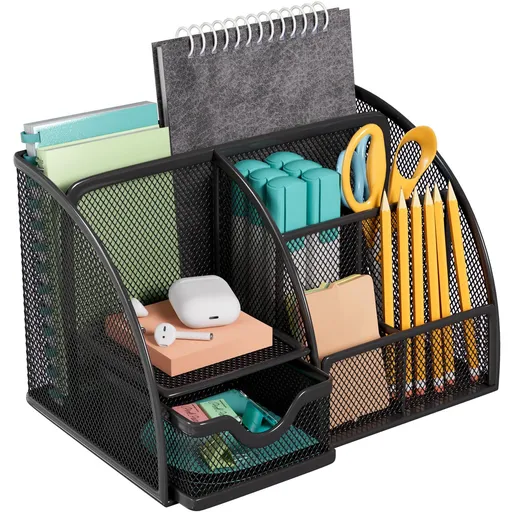Mesh Desk Organizer, Desktop Organizer with Drawer, Office Supplies Multi-Functional Caddy, Metal Stationary Black Desk Caddy