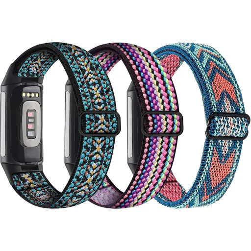 3-pack, elastic nylon wristband compatible with Fitbit Charge 5 - adjustable wristband in breathable fabric