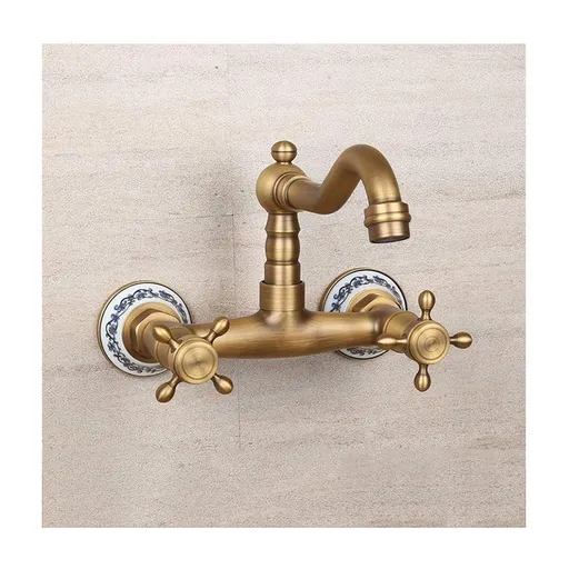 Antique Bathtub Faucet – Dual-Handle Brass Wall-Mounted Tub Faucet with Shower, Hot & Cold Mixer, Short Model, Elegant Bathroom & Villa Faucet - Bronze - Size Short4