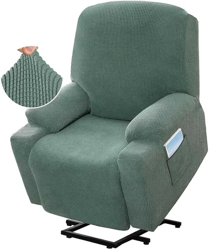 Recliner Slipcover High Stretch Soft Jacquard Fabric with Side Pocket for Standard Power Lift Recliner Green, Letter C Option