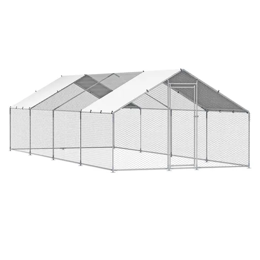 Metal Chicken Coop, 9.8x26.2x6.5 ft Large Walk-in Chicken Runs with Cover, Spire Roof Hen House Enclosure with Security Lock, Outdoor Duck Rabbit Cage Poultry Pen for Backyard, Farm, Yard