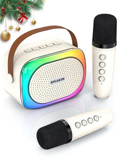 Karaoke Set Portable Bluetooth Speaker for Car Equipped with 2 Microphones Voice Changer LED Lights Off-white