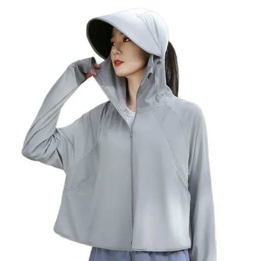 Light gray UPF50+ Sun Protection Hoodie for Women - Breathable Polyester Long Sleeve Cover-Up with Face Mask, Lightweight 300g Design for Outdoor Cycling Beach Travel