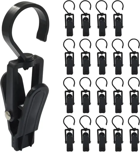 20 Pack Super Strong Swivel Hanging Hooks, Laundry Clips Plastic Clothes Pins Beach Towel Clips, 360° Rotating Curtain Clips for Home Office & Workshop/Clothing Store/Closet, 4.3-inch(Black)