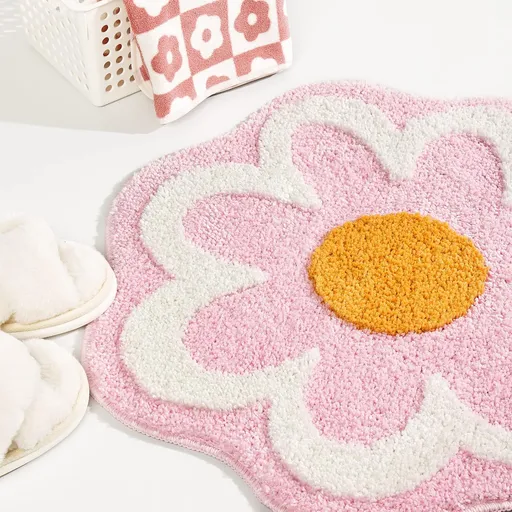 Cute Pink Flower Bath Mat, Machine Washable Bath Rug, Ultra Soft and Fluffy Bathroom Mat, Small Round Non-Slip Water Absorbent Bath Mats for Bathroom Floor, Shower Room and Bathtub