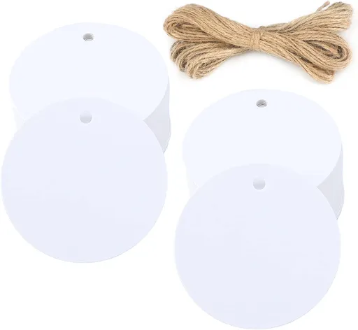 100PCS White Gift Tags with String，2.2'' Round Paper Tag Blank Hang Tag Circle Tags with Holes for Craft Projects, Xmas Gift, DIY Wedding Favor Bag