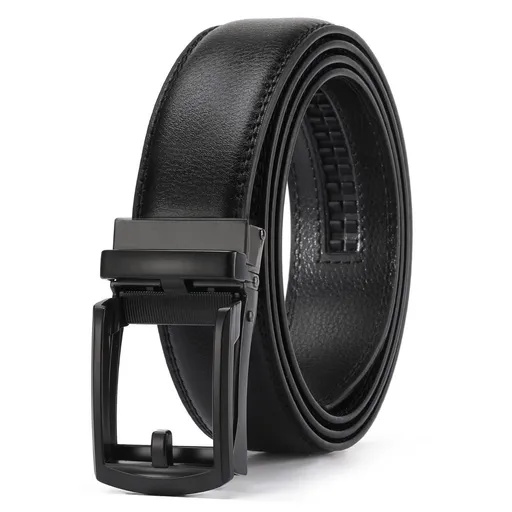 Ratchet Belt for Men Genuine Leather - Micro-Adjust Buckle Trim to Fit Dress Belt Casual to Formal Gift Boxed - Basic Black - Black - Size 42"-50" Waist Adjustable