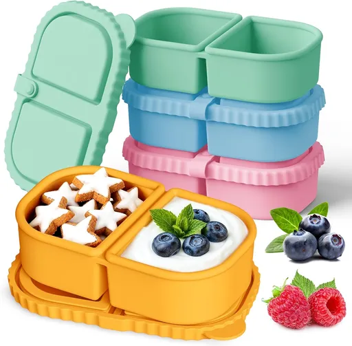 YQL 4 Pack Silicone Snack Containers with Leakproof Lids, Double-Compartment Bento Boxes for Kids & Adults, Reusable Food Storage for Snacks, Sauces, Lunch, Travel, and Meal Prep