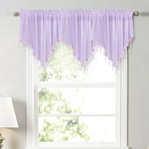 Sheer Beaded Window Valance, vintage floral voile curtain with rod pocket and scalloped edge for bedroom kitchen and cafe, Multicolor