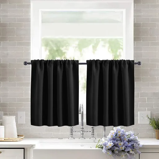 2 Pack Blackout Kitchen Curtains Black, 76 x 60 cm