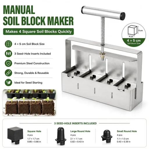 4 Cell Soil Blocker - Heavy Duty Steel Seedling Block Maker with 3 Seed Pin Sets, Reusable Hand Press for Seed Starting, Propagation and Home Gardening