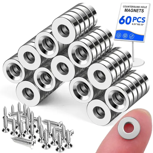 Small Round Magnets with Holes 60 Pack, Cabinet for Doors, Drawers, Rare Earth Refrigerator Magnet Fridge, Science, Cat Eye Magnet, Pinning - 0.31x0.12inch