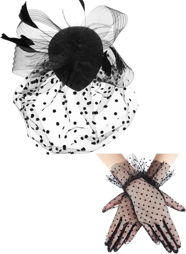 50s Fascinators for Women Funeral Veil Tea Party Hat and Gloves Pillbox Cocktail Hat