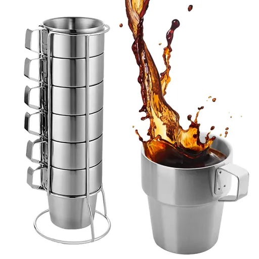 Stackable Camping Coffee Cups with Handle,Insulated Stainless Steel 300ml 10oz Double Wall Coffee Mugs with Rack -6Pack（Silver）