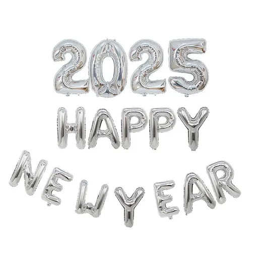 New Year Balloon Set Number and Letter Aluminum Foil New Year Banner Balloons for Party Silver