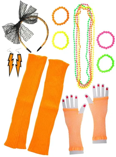 Neon Orange 12 Piece 1980s Costume Accessory Set