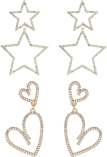 2 Pairs Rhinestone Big Star Earrings, Love Heart Dangle Earrings Crystal Sparkly Drop Jewelry for Women Wedding Birthday Party Valentines Day (Gold) -