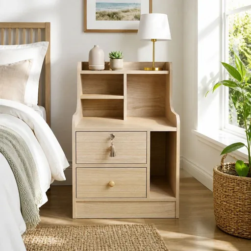 HYGGO Light Wood Bedside Table Drawer Nightstand Open Shelf Storage Tray Nordic 70cm