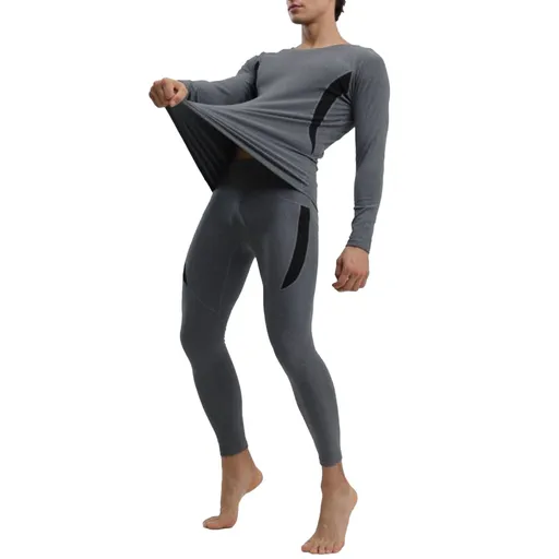 Men Thermal Underwear Set Warm Tight Fitting Men Long Johns Shirts Pants Set for Cold Weather Autumn Winter Grey XL size