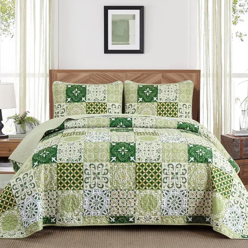 Sage Green Plaid Patchwork Garden Bedspread Coverlet 3 Piece Set
