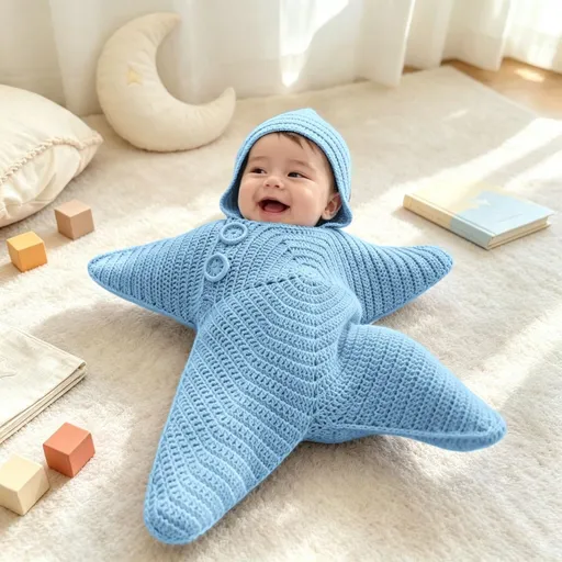Baby Starfish Onesie Wearable Blanket Fleece Knit Swaddles For Newborns Cute Snowman Design Baby Onesie,Soft Fleece Fabric,Crochet Santa Starfish Costume,Ideal for Christmas,Holiday Parties - Blue - Size 80cm
