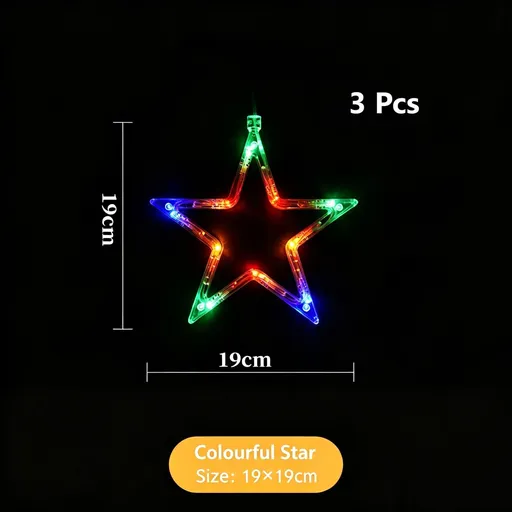 Colourful Five Point Star LED Suction Cup Curtain Lights 3 Pack, Battery Operated Christmas Window Decoration Lamp