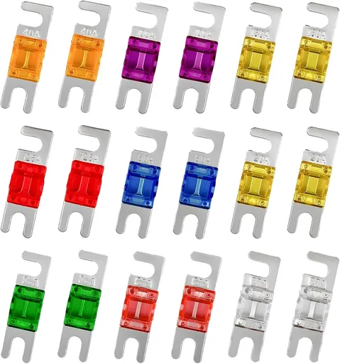 18 PCS Mini ANL Fuses, 20A-150A Blade Plated Fuse Set, Zinc Alloy, Multi-Colored, 12V DC, Universal Fit, Protects Car Audio, Video, Electronic Systems