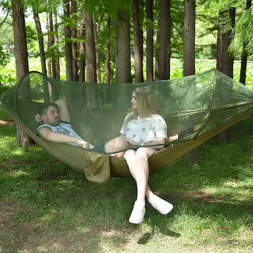 Camping Hammock with Mosquito Net Portable 1 & 2 Persons Outdoor Swing Hammock Nylon Parachute Material Quick Opening Green
