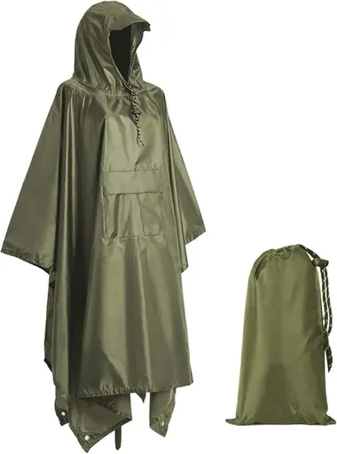 Waterproof Rain Jacket 3-in-1 Multifunctional Hooded Poncho, Green, with Tarp Underlay, Breathable and Waterproof