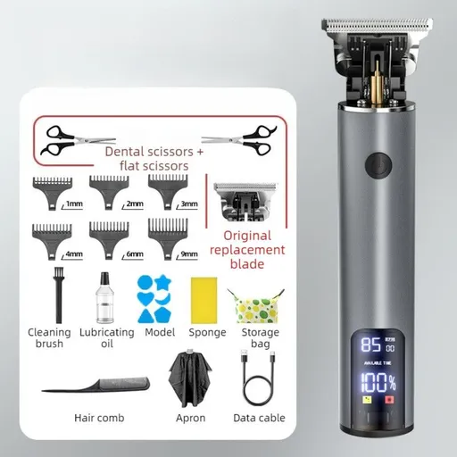 Professional Digital Display Hair Clipper, Multi-Accessory T-Blade Trimmer for Bald Heads & Hair Carving—Gray