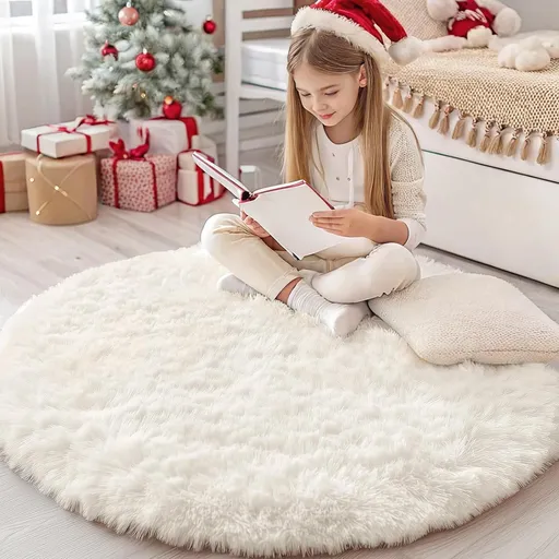 Cream White Round Rugs for Bedroom, 4 Ft Machine Washable Circle Area Rugs for Living Room, Non-Slip Fluffy Carpet for Teen Girls and Boys, Dorms, Nursery Rooms, Home Decor Aesthetic