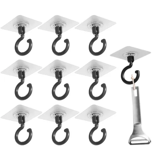 10 Pcs No Drill Ceiling Hooks 360 Degree Rotating Self Adhesive Hooks - Black