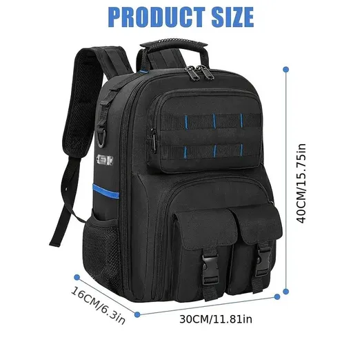 Black travel backpack, multi-pocket backpack, comfortable backpack, backpack with waist support, backpack with rubber feet, organizer backpack, durable backpack