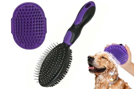 2 Pack Pet Grooming Brush Set Deshedding Double Sided Comb Massage Brush-Purple