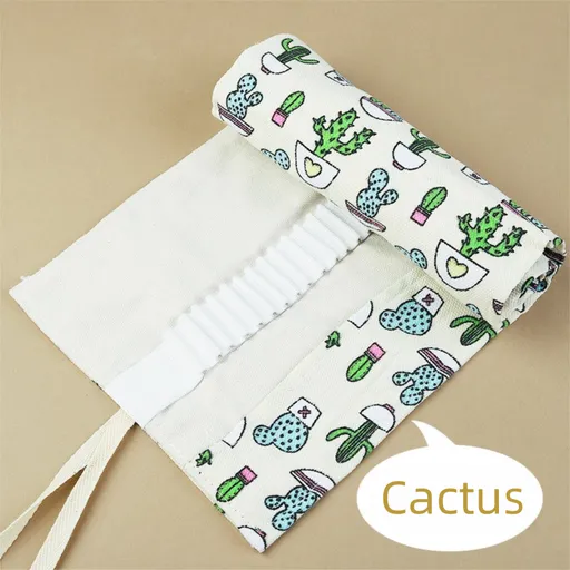 108-Slot Print Canvas Pencil Roll (Cactus)- Large Capacity Roll-Up Pencil Case with Individual Holders and Tie Closure for Coloured Pencils, Drawing and Sketching