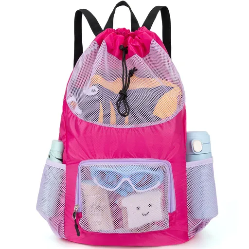 Drawstring Mesh Backpack Waterproof Sports Gym Bag Lightweight Beach Swim Travel Daypack for Outdoor Ball Games and Daily Casual Use (Rose)