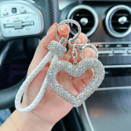 red heart keychain, hollowed-out clay keychain, full diamond keychain, car key accessory, women's fashion accessory, Australian fashion, gift for her, sparkly keychain, clay keyring - White - Size White diamond leather cord