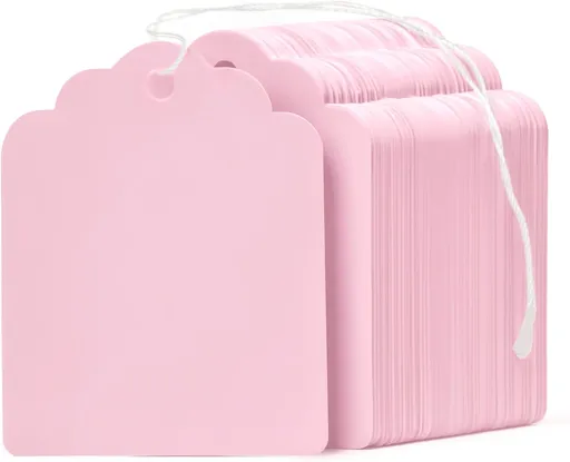 200 Pcs Price Tags with String Attached 1.8 Inch Writable Pink Hang Tag String Tags for Pricing Clothing Jewelry Price Display Labels Blank Merchandise Marking Paper Tag, 1 3/4" x 1 3/8"