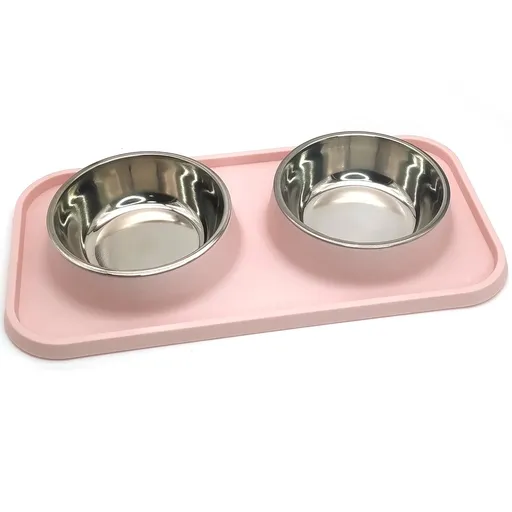 Double Dog Food Bowls Stainless Steel Dog Food and Water Bowls with Non-Spill Plastic Mat Pet Cat Feeder Bowl Set for Puppy