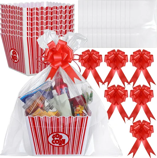 6 Pack Movie Night Gifts Baskets Plastic Popcorn Box Containers with Bags and Bows for Holiday Lover Teacher Appreciation Birthday Party Favors DIY Kits - 9 x Inch