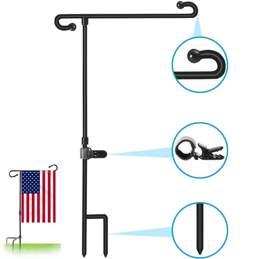 Metal Garden Flag Stand No Stopper Needed 32.7 Inch Pole with Clip Weather-Resistant Powder-Coated Wrought Iron for Yard Lawn Outdoor Decoration Holds Flags Up to 13 Inches Width